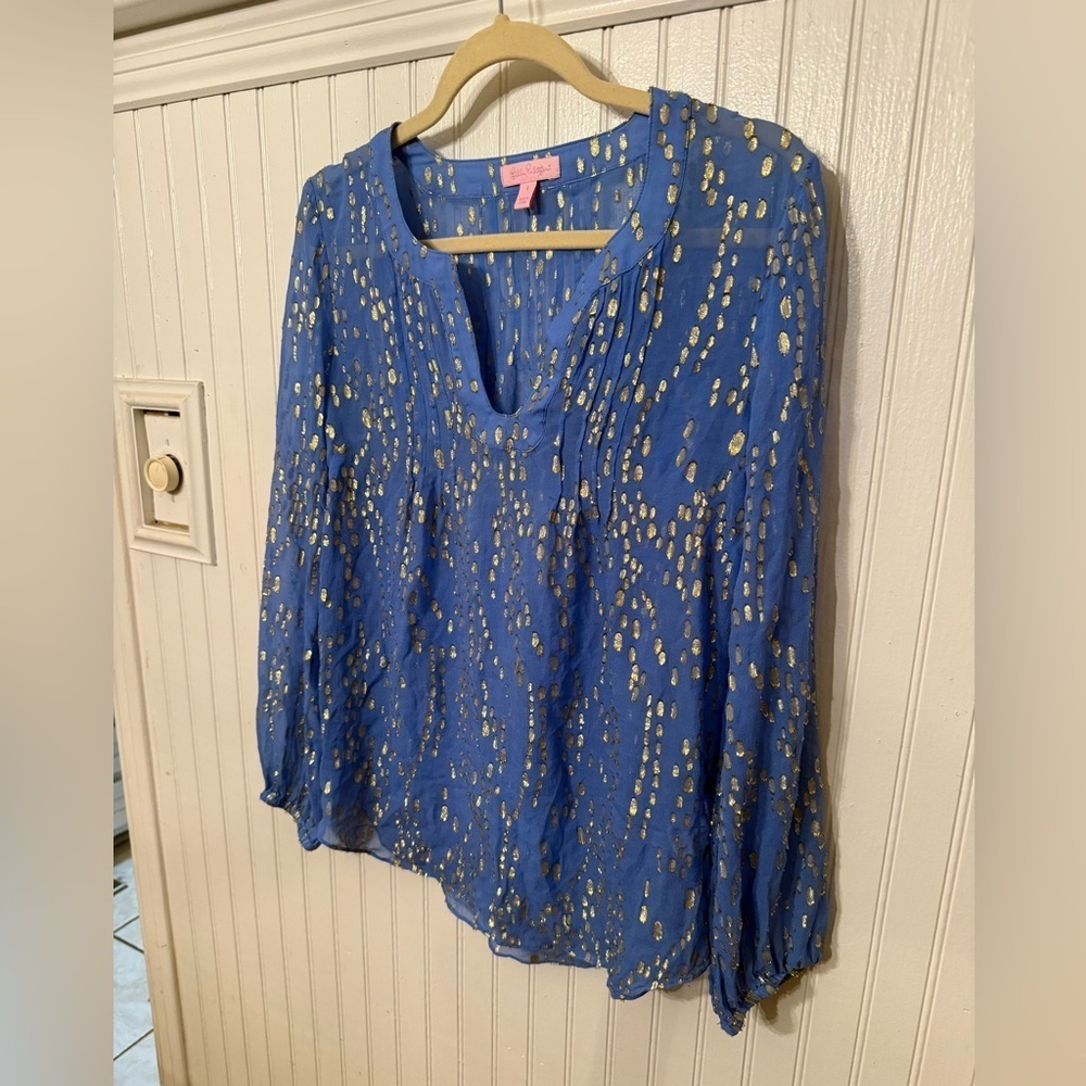 Lilly Pulitzer Colby Blue and gold metallic Small Silk blouse